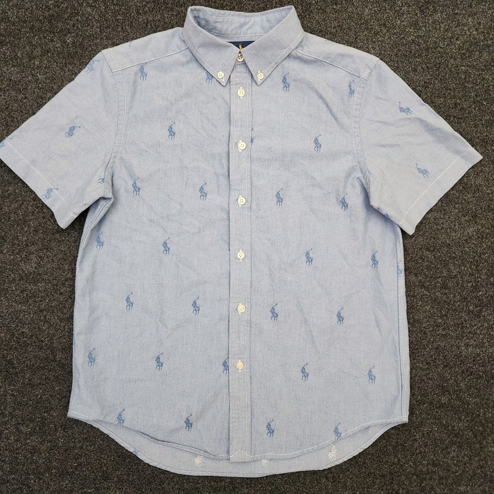 Ralph Lauren Youth Boys Large 14-16 Blue All Over Pony Short Sleeve Button Shirt